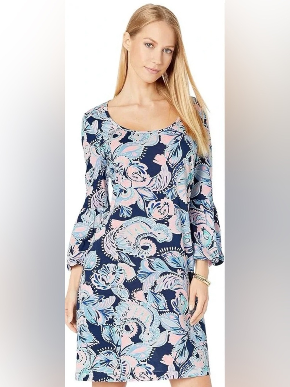 Lilly Pulitzer Navy Floral Paisley Bell-Sleeve Tunic